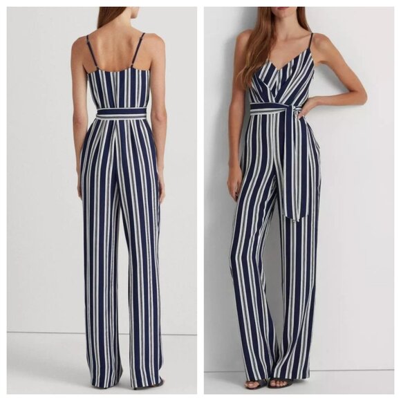 Lauren Ralph Lauren Striped Belted Crepe Wide-leg Jumpsuit